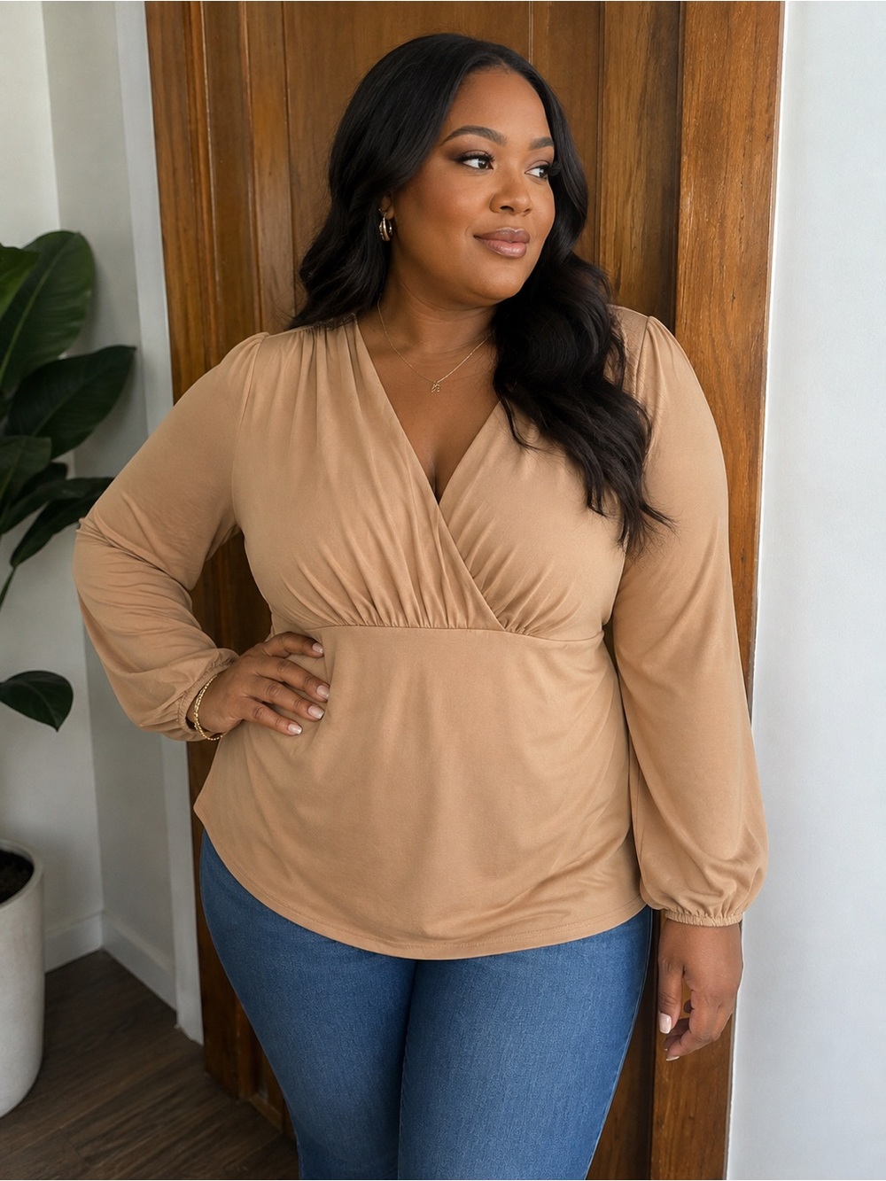 Grace Karin Plus-Size Faux-Wrap Long-Sleeve Blouse in Camel